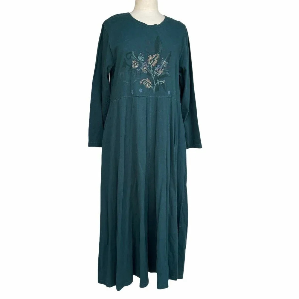 BLUE FISH Women’s Size 1 Green Flora Organic Hand Printed Art To Wear Dress